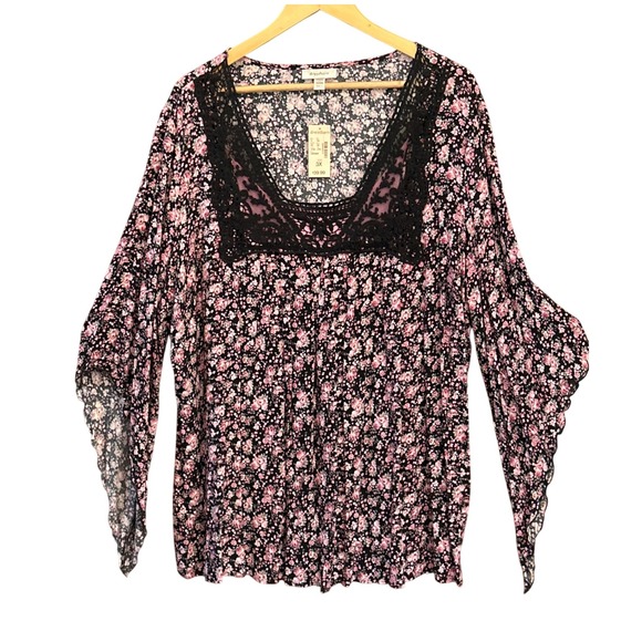 NWT Dress Barn Black Pink Lace Microfloral Boho Blouse 3X Whimsigoth Bell Sleeve - Picture 1 of 8